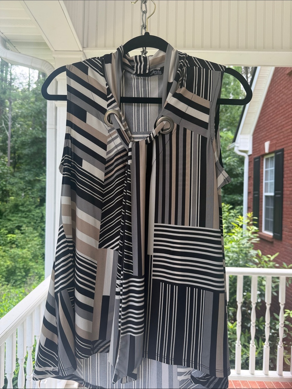 Ariella Sleeveless Geometric Stripe Blouse in Black, Gray & Cream